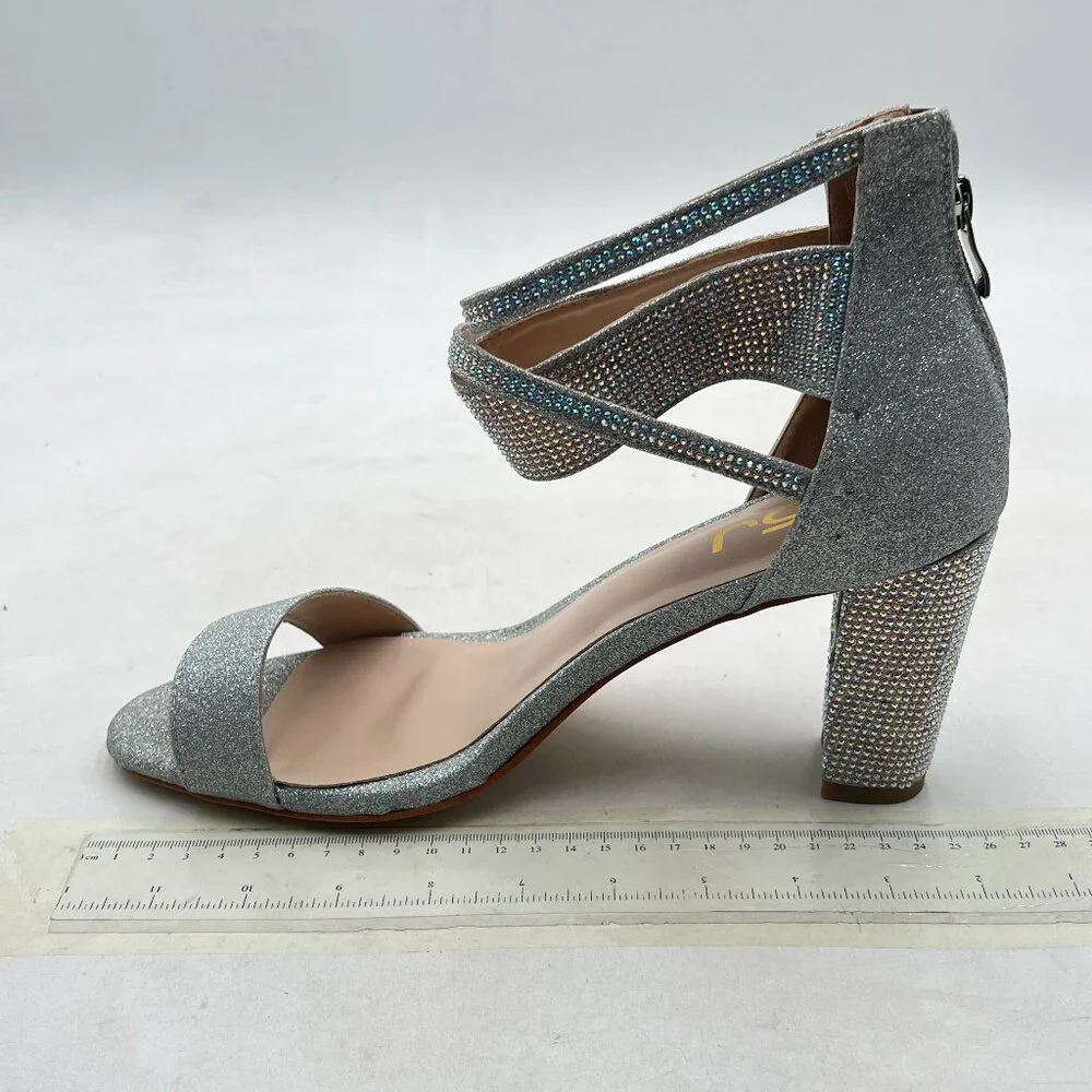 FSJ Silver Glitter Women Crystal Chunky High Heel Open Toe Ankle Strap Sandals